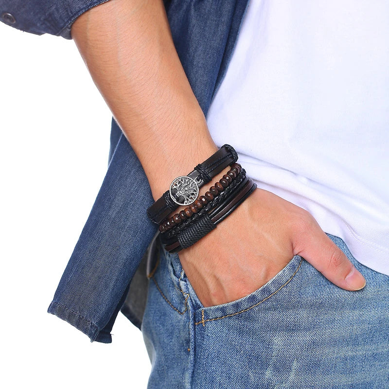 Vnox 4Pcs/ Set Braided Wrap Leather Bracelets for Men Vintage Life Tree Rudder Charm Wood Beads Ethnic Tribal Wristbands DailyAlertDeals