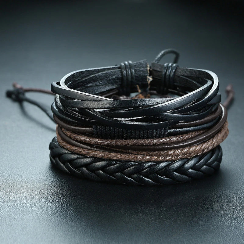 Vnox 4Pcs/ Set Braided Wrap Leather Bracelets for Men Vintage Life Tree Rudder Charm Wood Beads Ethnic Tribal Wristbands DailyAlertDeals