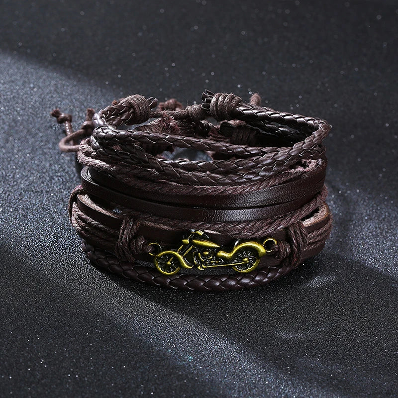 Vnox 4Pcs/ Set Braided Wrap Leather Bracelets for Men Vintage Life Tree Rudder Charm Wood Beads Ethnic Tribal Wristbands DailyAlertDeals
