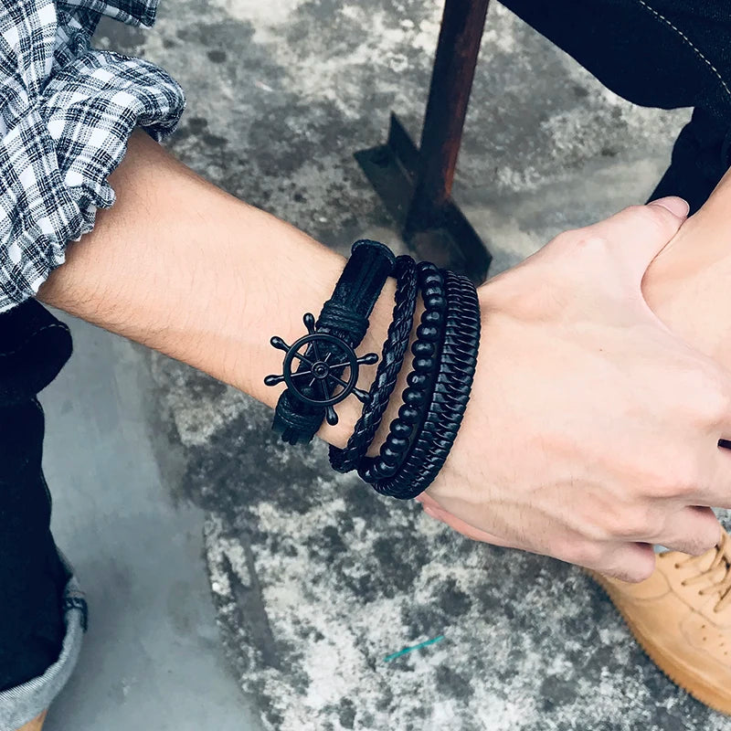 Vnox 4Pcs/ Set Braided Wrap Leather Bracelets for Men Vintage Life Tree Rudder Charm Wood Beads Ethnic Tribal Wristbands DailyAlertDeals