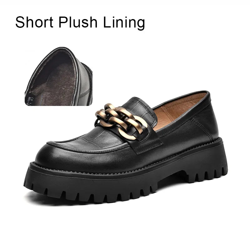 BeauToday Chunky Loafers Women Genuine Cow Leather Platform Shoes Round Toe Metal Chain Slip on Ladies Flats Handmade 27748  DailyAlertDeals Black Short Plush 5