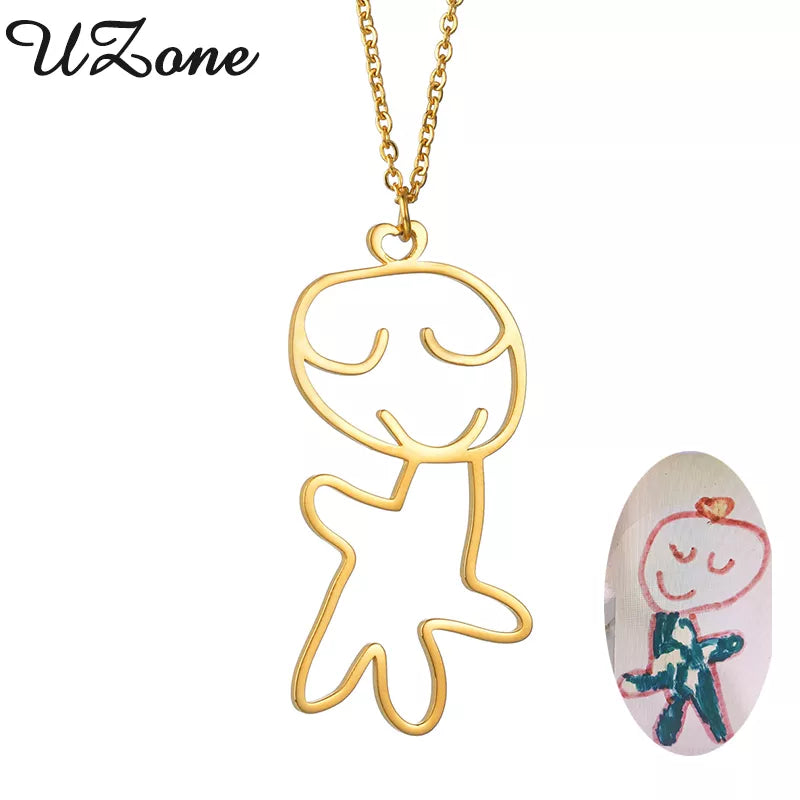 Customized Children's Drawing Necklace Kid's Art Personalized Draw Bracelet Key chain Custom Design Name LOGO Pendant Gift DailyAlertDeals Keychian Steel 55cm