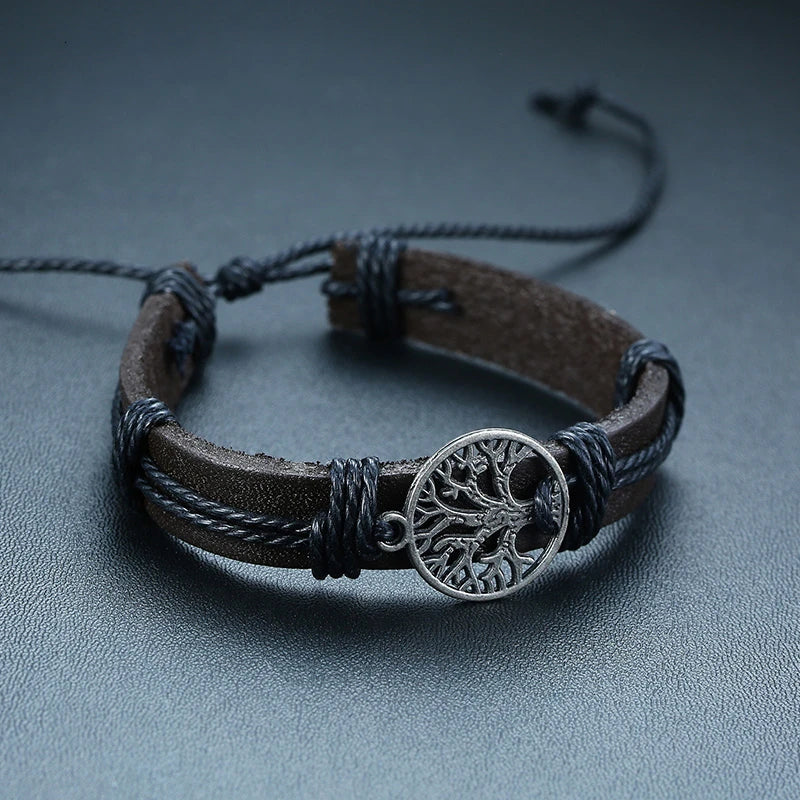 Vnox 4Pcs/ Set Braided Wrap Leather Bracelets for Men Vintage Life Tree Rudder Charm Wood Beads Ethnic Tribal Wristbands DailyAlertDeals