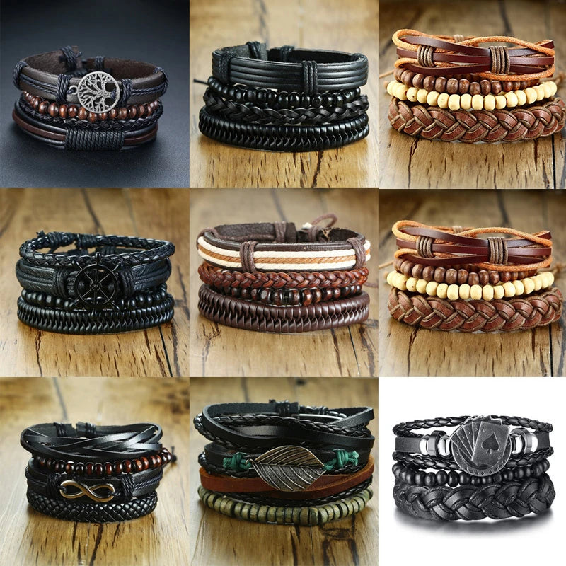 Vnox 4Pcs/ Set Braided Wrap Leather Bracelets for Men Vintage Life Tree Rudder Charm Wood Beads Ethnic Tribal Wristbands DailyAlertDeals