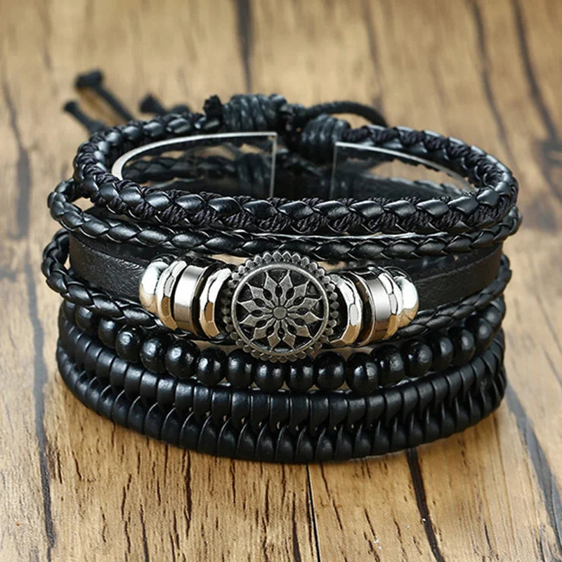 Vnox 4Pcs/ Set Braided Wrap Leather Bracelets for Men Vintage Life Tree Rudder Charm Wood Beads Ethnic Tribal Wristbands DailyAlertDeals