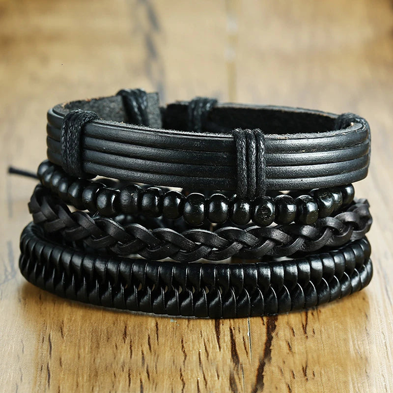 Vnox 4Pcs/ Set Braided Wrap Leather Bracelets for Men Vintage Life Tree Rudder Charm Wood Beads Ethnic Tribal Wristbands DailyAlertDeals