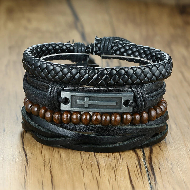 Vnox 4Pcs/ Set Braided Wrap Leather Bracelets for Men Vintage Life Tree Rudder Charm Wood Beads Ethnic Tribal Wristbands DailyAlertDeals