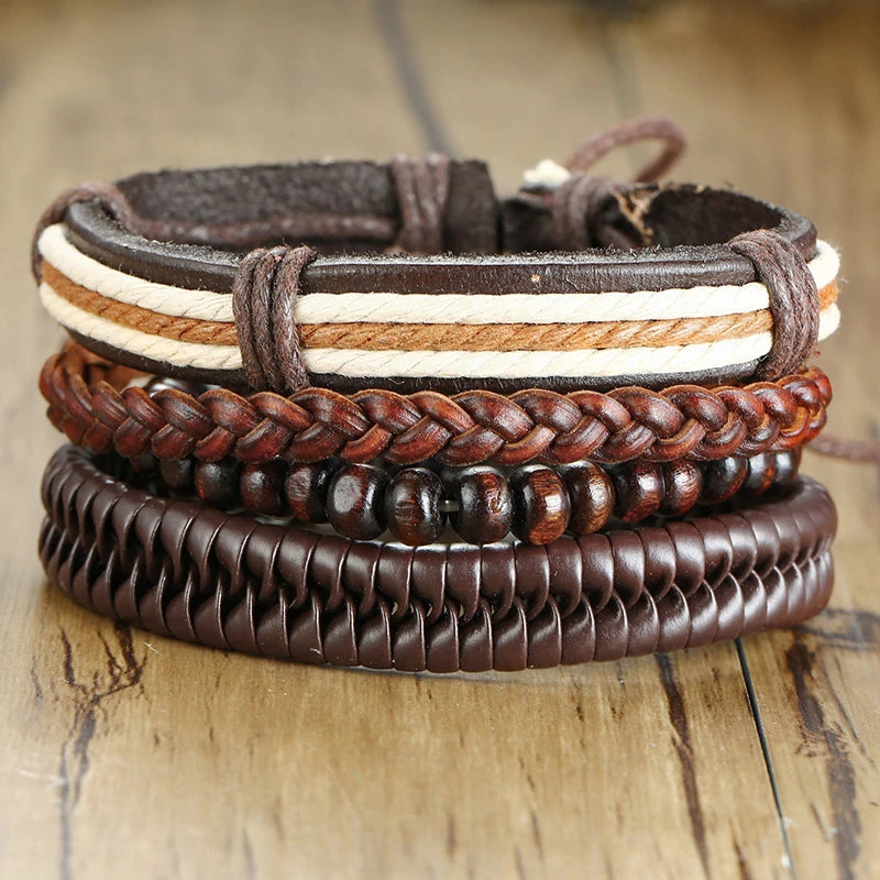 Vnox 4Pcs/ Set Braided Wrap Leather Bracelets for Men Vintage Life Tree Rudder Charm Wood Beads Ethnic Tribal Wristbands DailyAlertDeals