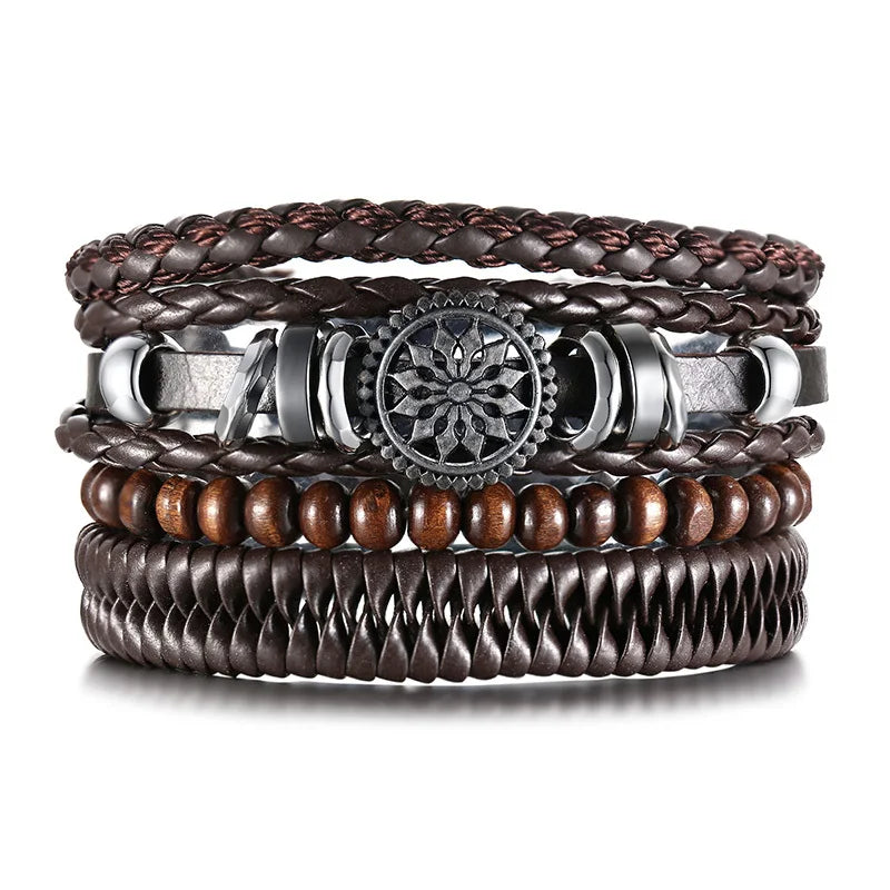 Vnox 4Pcs/ Set Braided Wrap Leather Bracelets for Men Vintage Life Tree Rudder Charm Wood Beads Ethnic Tribal Wristbands DailyAlertDeals