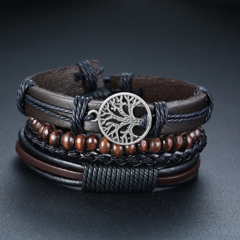 Vnox 4Pcs/ Set Braided Wrap Leather Bracelets for Men Vintage Life Tree Rudder Charm Wood Beads Ethnic Tribal Wristbands DailyAlertDeals