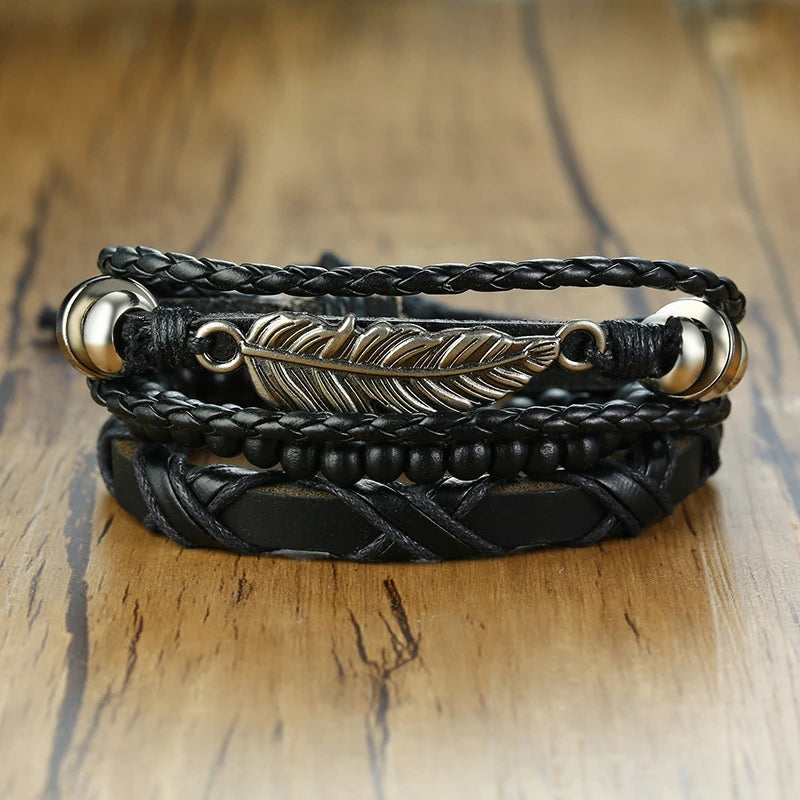 Vnox 4Pcs/ Set Braided Wrap Leather Bracelets for Men Vintage Life Tree Rudder Charm Wood Beads Ethnic Tribal Wristbands DailyAlertDeals