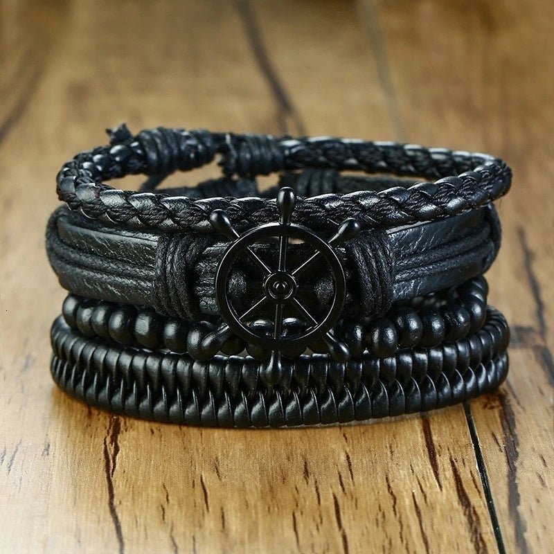 Vnox 4Pcs/ Set Braided Wrap Leather Bracelets for Men Vintage Life Tree Rudder Charm Wood Beads Ethnic Tribal Wristbands DailyAlertDeals