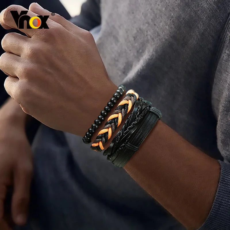 Vnox 4Pcs/ Set Braided Wrap Leather Bracelets for Men Vintage Life Tree Rudder Charm Wood Beads Ethnic Tribal Wristbands DailyAlertDeals