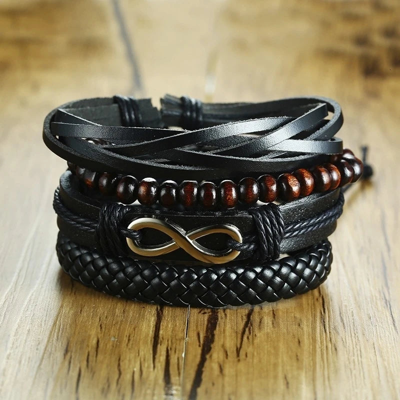 Vnox 4Pcs/ Set Braided Wrap Leather Bracelets for Men Vintage Life Tree Rudder Charm Wood Beads Ethnic Tribal Wristbands DailyAlertDeals