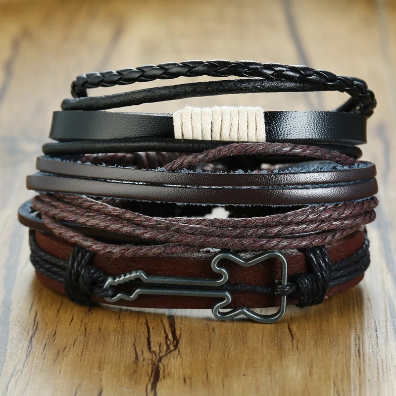 Vnox 4Pcs/ Set Braided Wrap Leather Bracelets for Men Vintage Life Tree Rudder Charm Wood Beads Ethnic Tribal Wristbands DailyAlertDeals