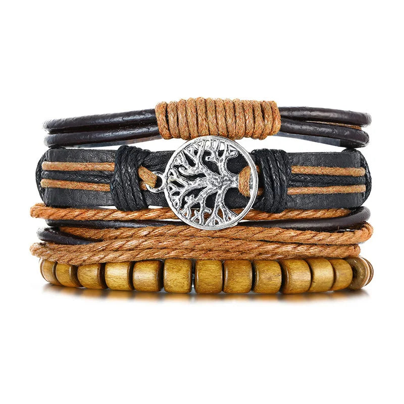 Vnox 4Pcs/ Set Braided Wrap Leather Bracelets for Men Vintage Life Tree Rudder Charm Wood Beads Ethnic Tribal Wristbands DailyAlertDeals