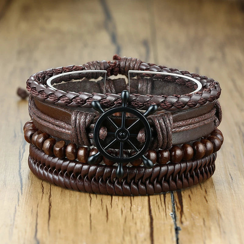 Vnox 4Pcs/ Set Braided Wrap Leather Bracelets for Men Vintage Life Tree Rudder Charm Wood Beads Ethnic Tribal Wristbands DailyAlertDeals