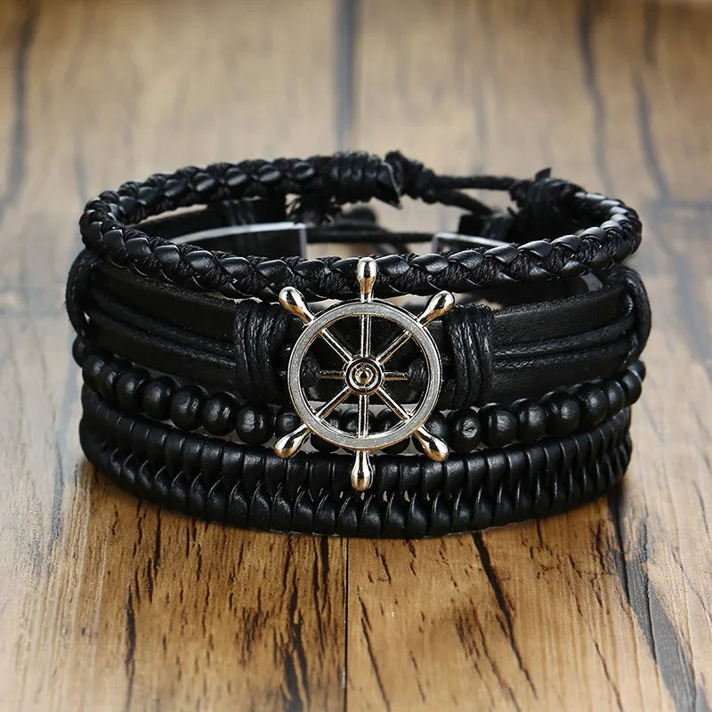 Vnox 4Pcs/ Set Braided Wrap Leather Bracelets for Men Vintage Life Tree Rudder Charm Wood Beads Ethnic Tribal Wristbands DailyAlertDeals
