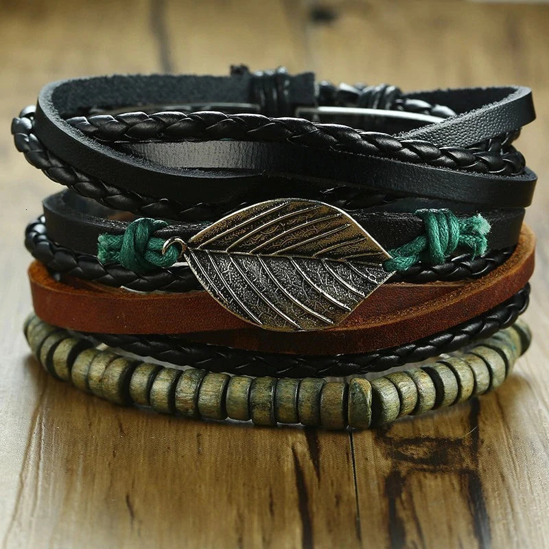 Vnox 4Pcs/ Set Braided Wrap Leather Bracelets for Men Vintage Life Tree Rudder Charm Wood Beads Ethnic Tribal Wristbands DailyAlertDeals