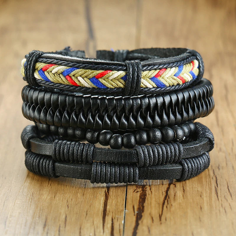 Vnox 4Pcs/ Set Braided Wrap Leather Bracelets for Men Vintage Life Tree Rudder Charm Wood Beads Ethnic Tribal Wristbands DailyAlertDeals