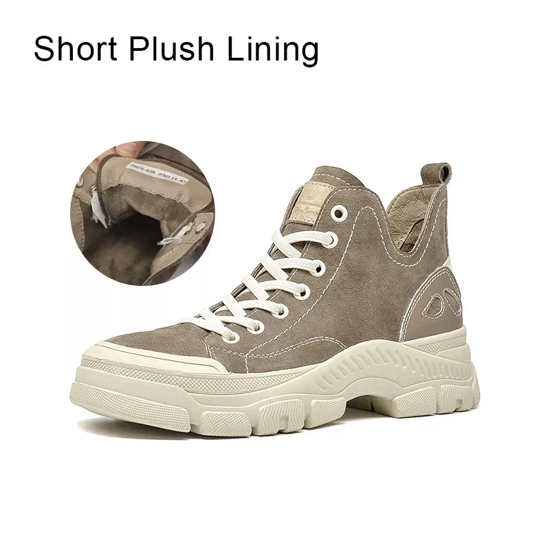 BeauToday Casual Sneakers Women Suede Leather Round Toe Lace-Free High Top Ladies Retro Fashion Flat Shoes Handmade 29575  DailyAlertDeals Khaki Short Plush 5