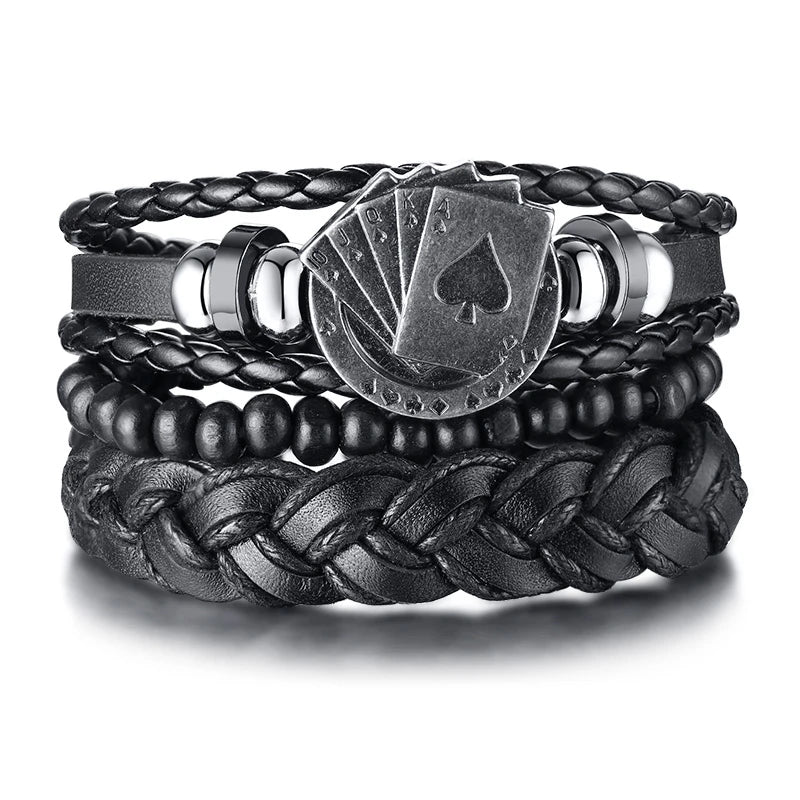 Vnox 4Pcs/ Set Braided Wrap Leather Bracelets for Men Vintage Life Tree Rudder Charm Wood Beads Ethnic Tribal Wristbands DailyAlertDeals