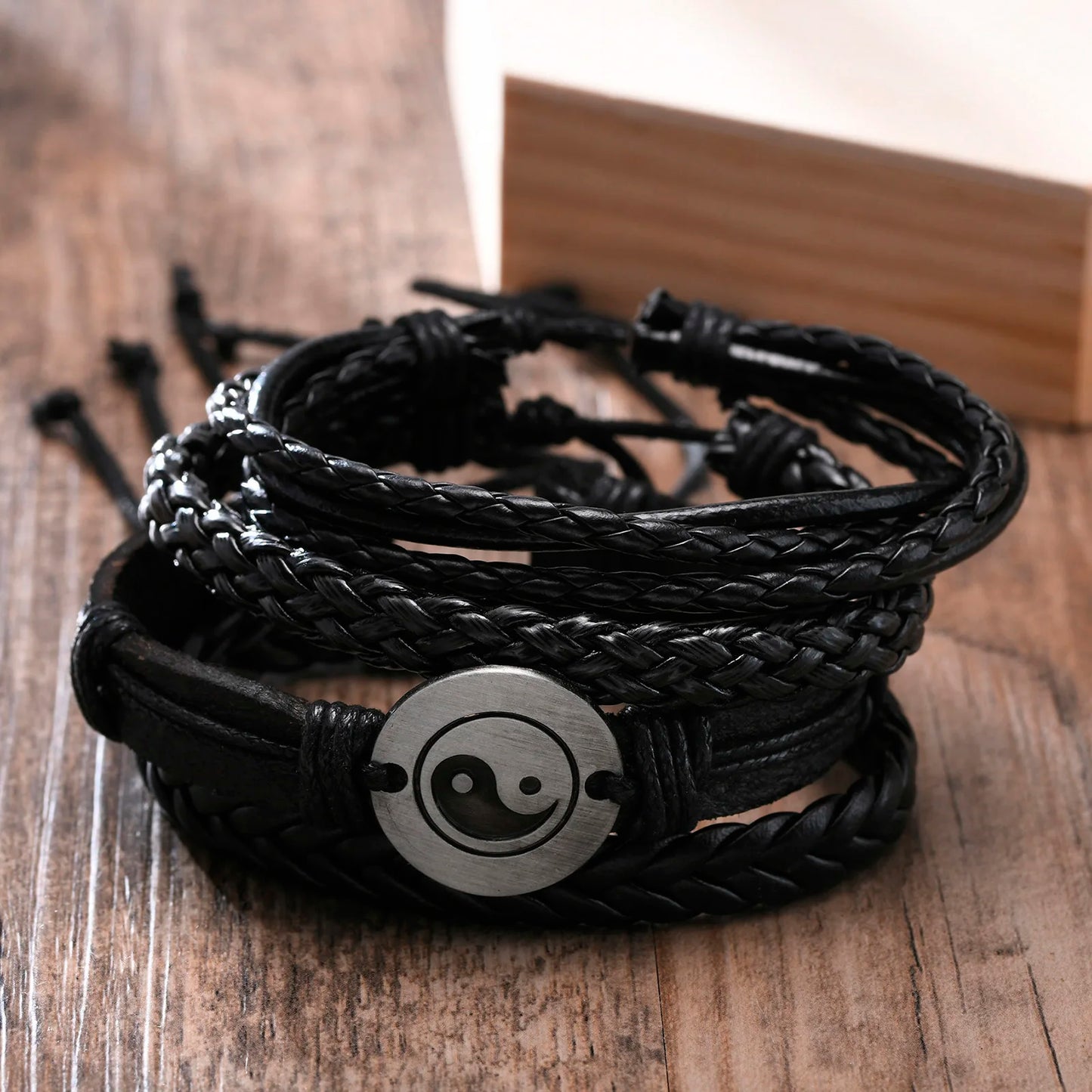Vnox 4Pcs/ Set Braided Wrap Leather Bracelets for Men Vintage Life Tree Rudder Charm Wood Beads Ethnic Tribal Wristbands DailyAlertDeals