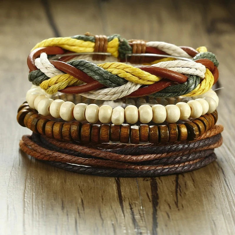 Vnox 4Pcs/ Set Braided Wrap Leather Bracelets for Men Vintage Life Tree Rudder Charm Wood Beads Ethnic Tribal Wristbands DailyAlertDeals