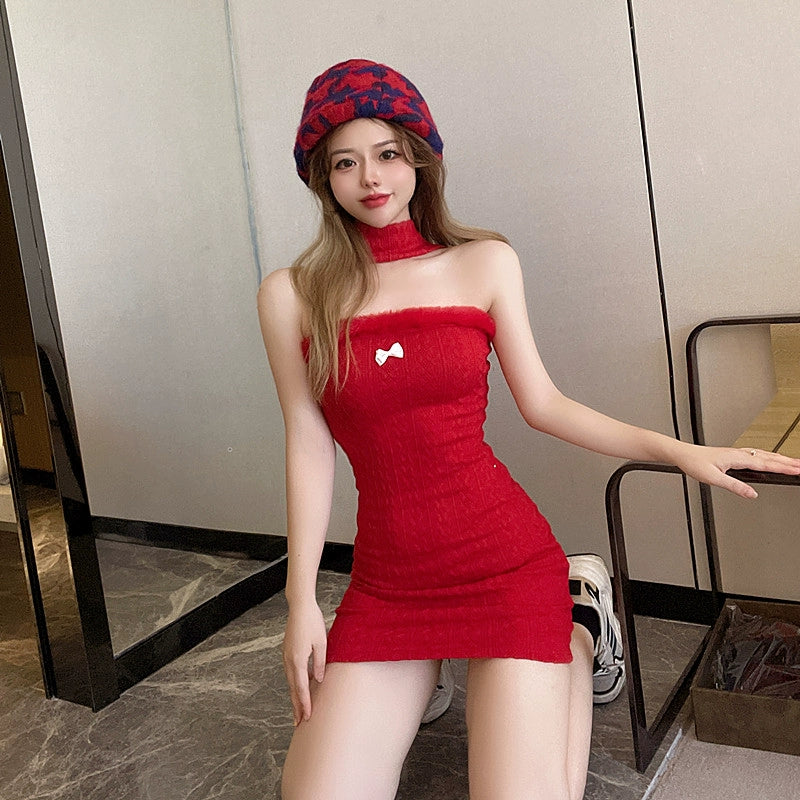 Autumn Winter Sexy Dress Nightclub Women's Tight Halterneck  DailyAlertDeals S(Suitable for 39.00 kg-47.50 kg) Red