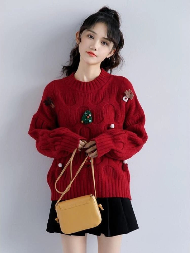 Autumn and Winter Three-Dimensional Knitted Long Sleeve Sweater Student Christmas  DailyAlertDeals