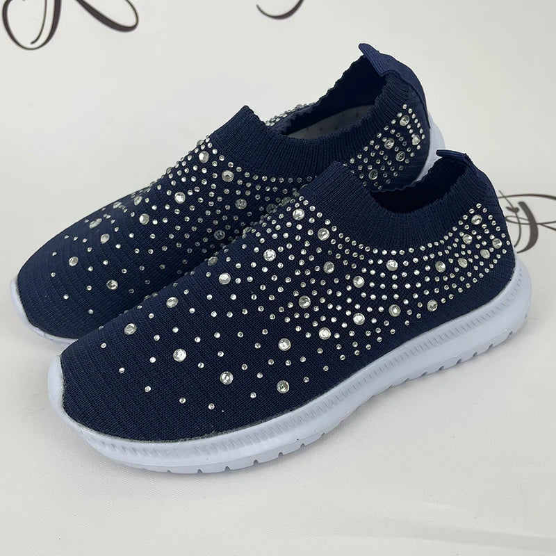 Rimocy Crystal Breathable Mesh Sneaker Shoes for Women Comfortable Soft Bottom Flats Plus Size 43 Non Slip Casual Shoes Woman DailyAlertDeals dark blue 35
