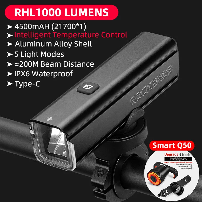 ROCKBROS 1000LM Bike Light Front Lamp Type-C Rechargeable LED 4500mAh Bicycle Light Waterproof Headlight Bike Accessories DailyAlertDeals RHL1000 TL907Q50
