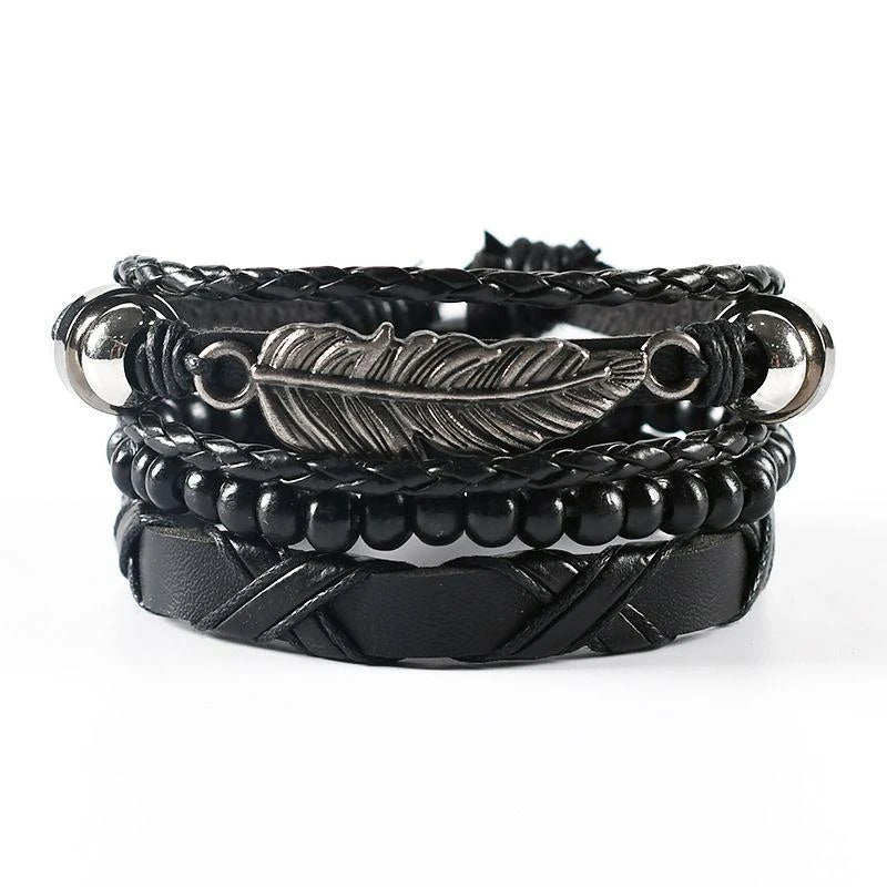 4Pcs/ Set Braided Wrap Leather Bracelets For Men Vintage Life Tree Rudder Charm Wood Beads Ethnic Tribal Wristbands  DailyAlertDeals 16