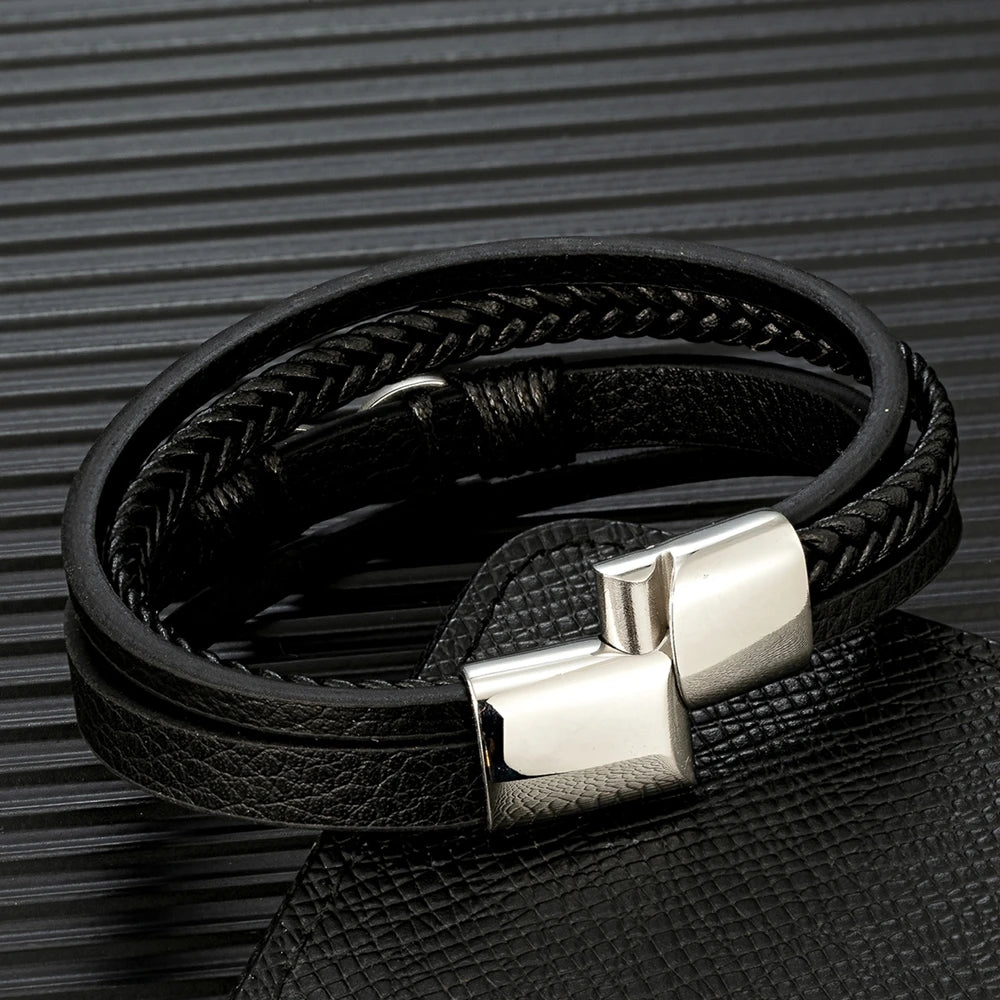 MKENDN Classic Men Infinity Bracelet Woven Multilayer Braided Leather Bracelets For Women Black Stainless Steel Jewelry Gifts DailyAlertDeals