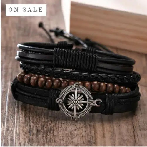 4Pcs/ Set Braided Wrap Leather Bracelets For Men Vintage Life Tree Rudder Charm Wood Beads Ethnic Tribal Wristbands  DailyAlertDeals 001