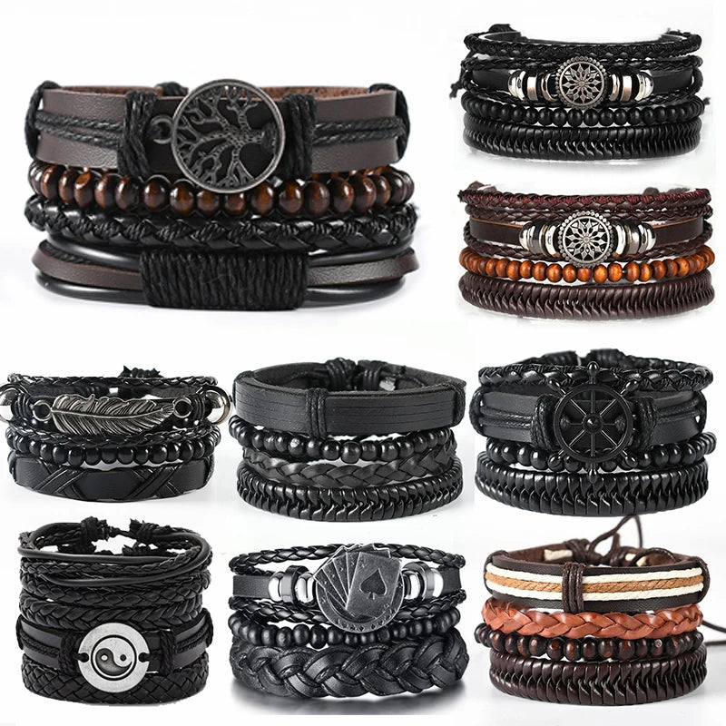 4Pcs/ Set Braided Wrap Leather Bracelets For Men Vintage Life Tree Rudder Charm Wood Beads Ethnic Tribal Wristbands  DailyAlertDeals