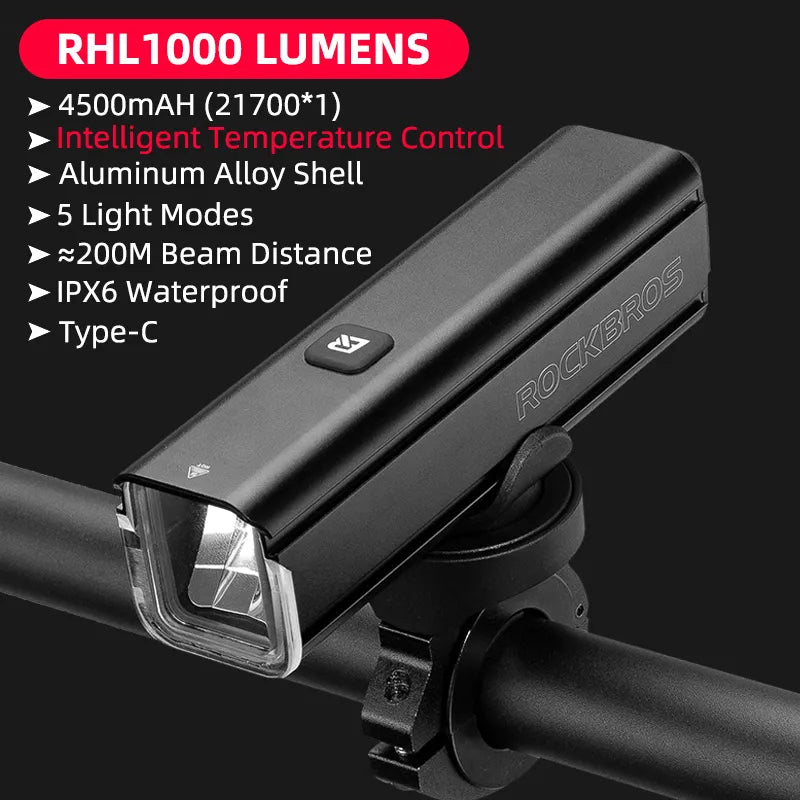 ROCKBROS 1000LM Bike Light Front Lamp Type-C Rechargeable LED 4500mAh Bicycle Light Waterproof Headlight Bike Accessories DailyAlertDeals RHL1000