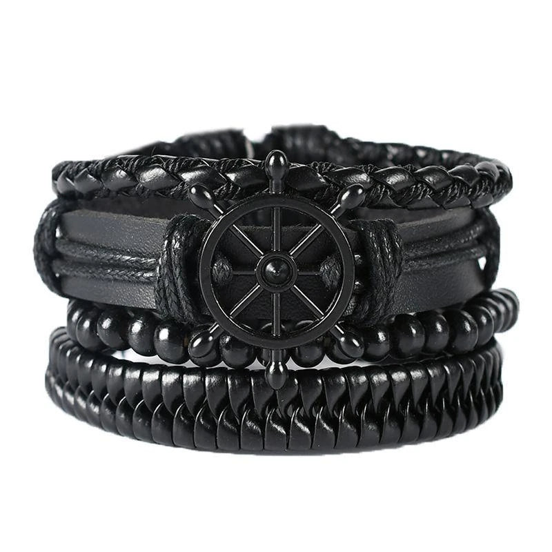 4Pcs/ Set Braided Wrap Leather Bracelets For Men Vintage Life Tree Rudder Charm Wood Beads Ethnic Tribal Wristbands  DailyAlertDeals 07