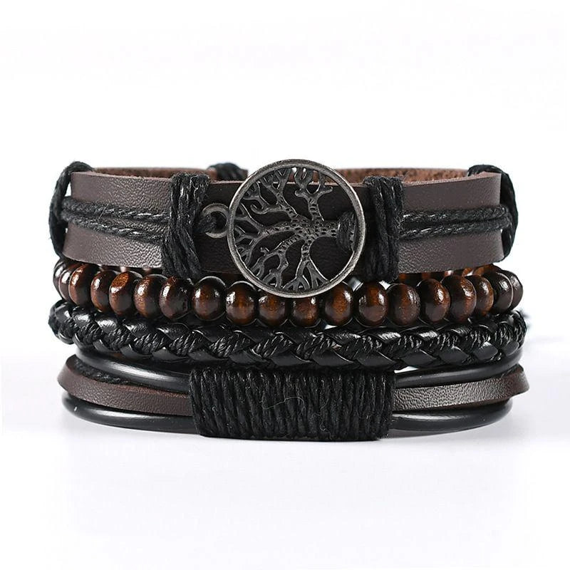4Pcs/ Set Braided Wrap Leather Bracelets For Men Vintage Life Tree Rudder Charm Wood Beads Ethnic Tribal Wristbands  DailyAlertDeals 01