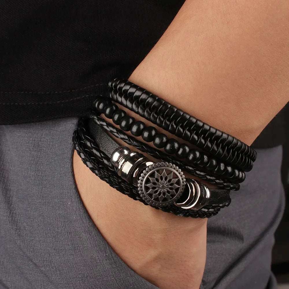 4Pcs/ Set Braided Wrap Leather Bracelets For Men Vintage Life Tree Rudder Charm Wood Beads Ethnic Tribal Wristbands  DailyAlertDeals