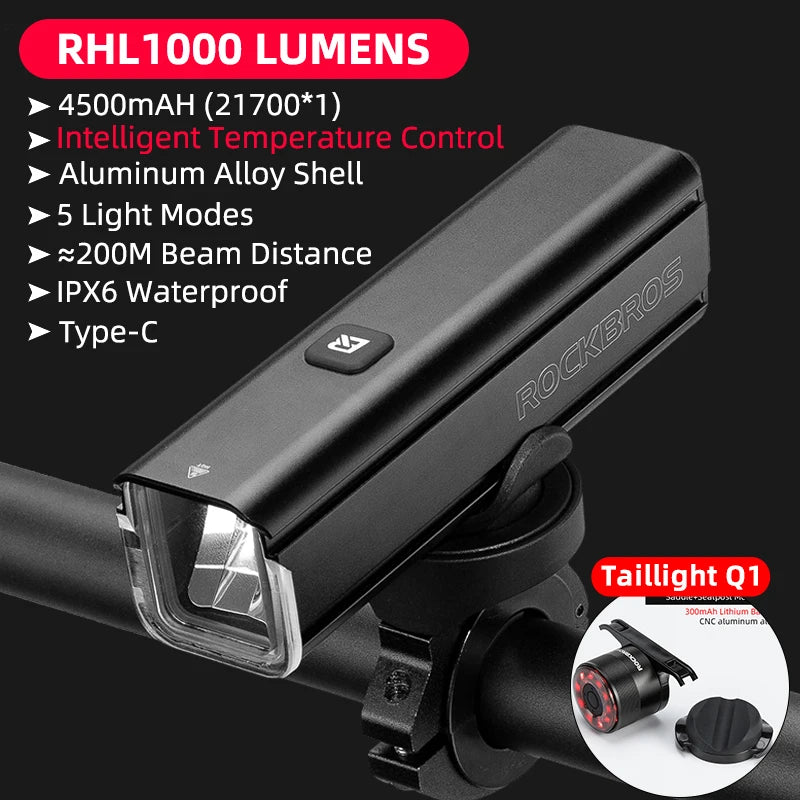 ROCKBROS 1000LM Bike Light Front Lamp Type-C Rechargeable LED 4500mAh Bicycle Light Waterproof Headlight Bike Accessories DailyAlertDeals RHL1000 Q1