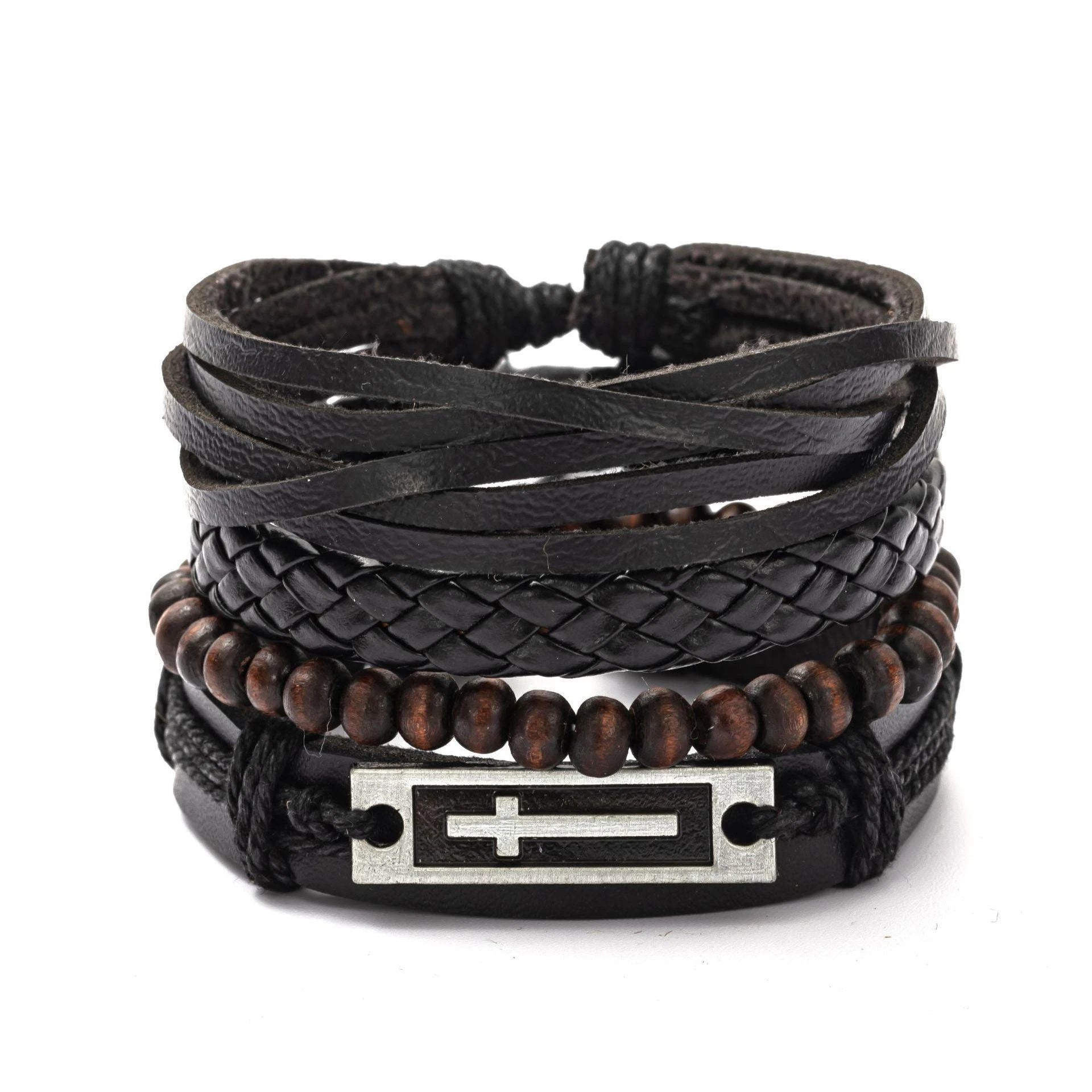 4Pcs/ Set Braided Wrap Leather Bracelets For Men Vintage Life Tree Rudder Charm Wood Beads Ethnic Tribal Wristbands  DailyAlertDeals 13