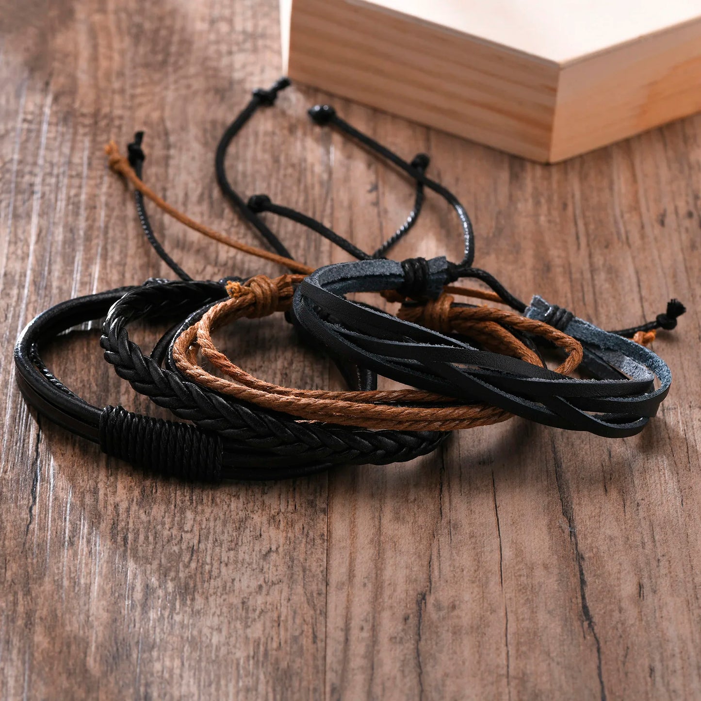 Vnox 4Pcs/ Set Braided Wrap Leather Bracelets for Men Vintage Life Tree Rudder Charm Wood Beads Ethnic Tribal Wristbands DailyAlertDeals