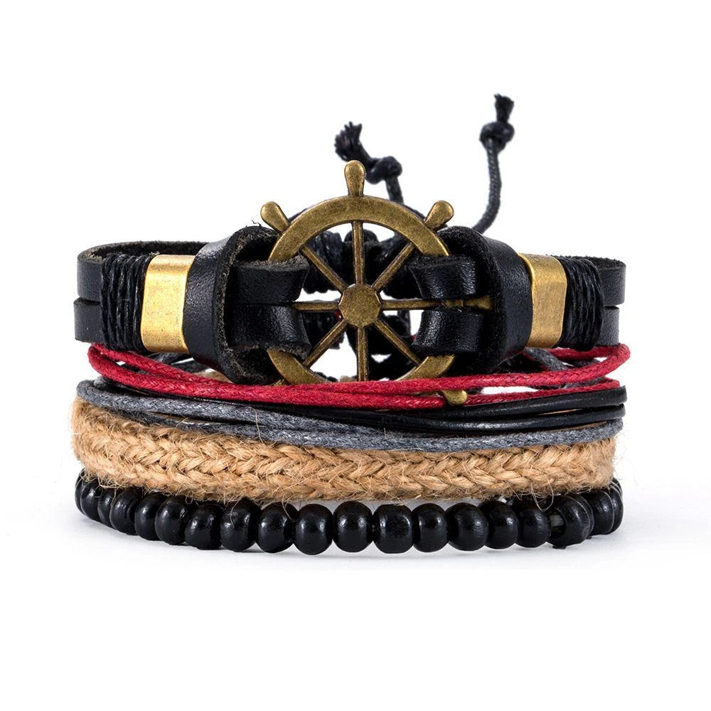 4Pcs/ Set Braided Wrap Leather Bracelets For Men Vintage Life Tree Rudder Charm Wood Beads Ethnic Tribal Wristbands  DailyAlertDeals 22