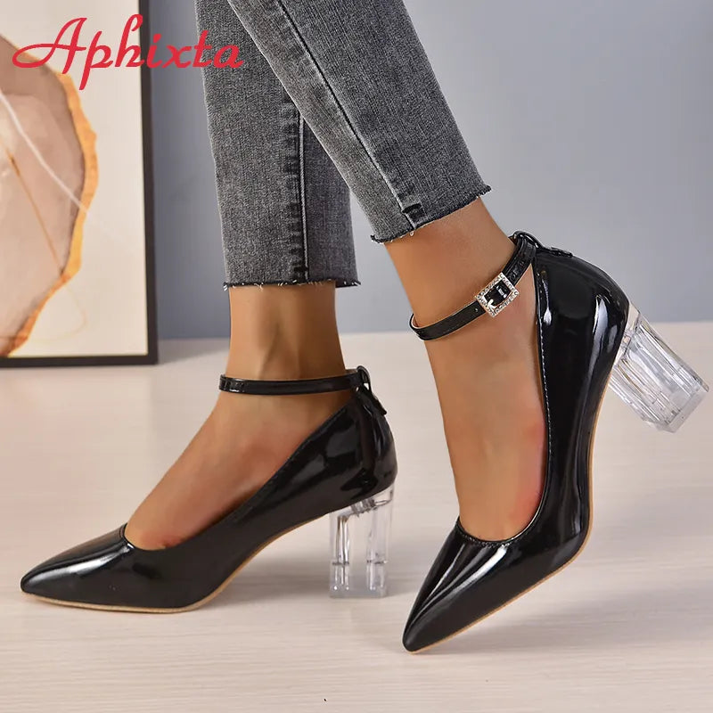 Aphixta 2023 New Luxury Rhinestone Pearl Chain 7cm Chunky Heels Pumps Women Shoes String Bead Pointed Toe Bling Crystals Pumps  DailyAlertDeals Black-Pimp 36  (23.0cm)