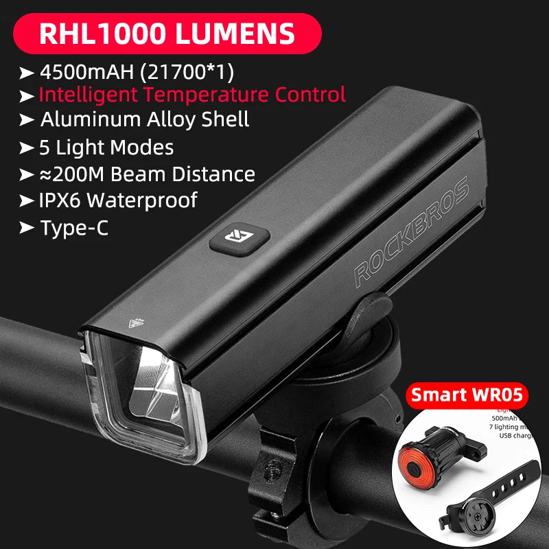 ROCKBROS 1000LM Bike Light Front Lamp Type-C Rechargeable LED 4500mAh Bicycle Light Waterproof Headlight Bike Accessories DailyAlertDeals RHL1000 WR05