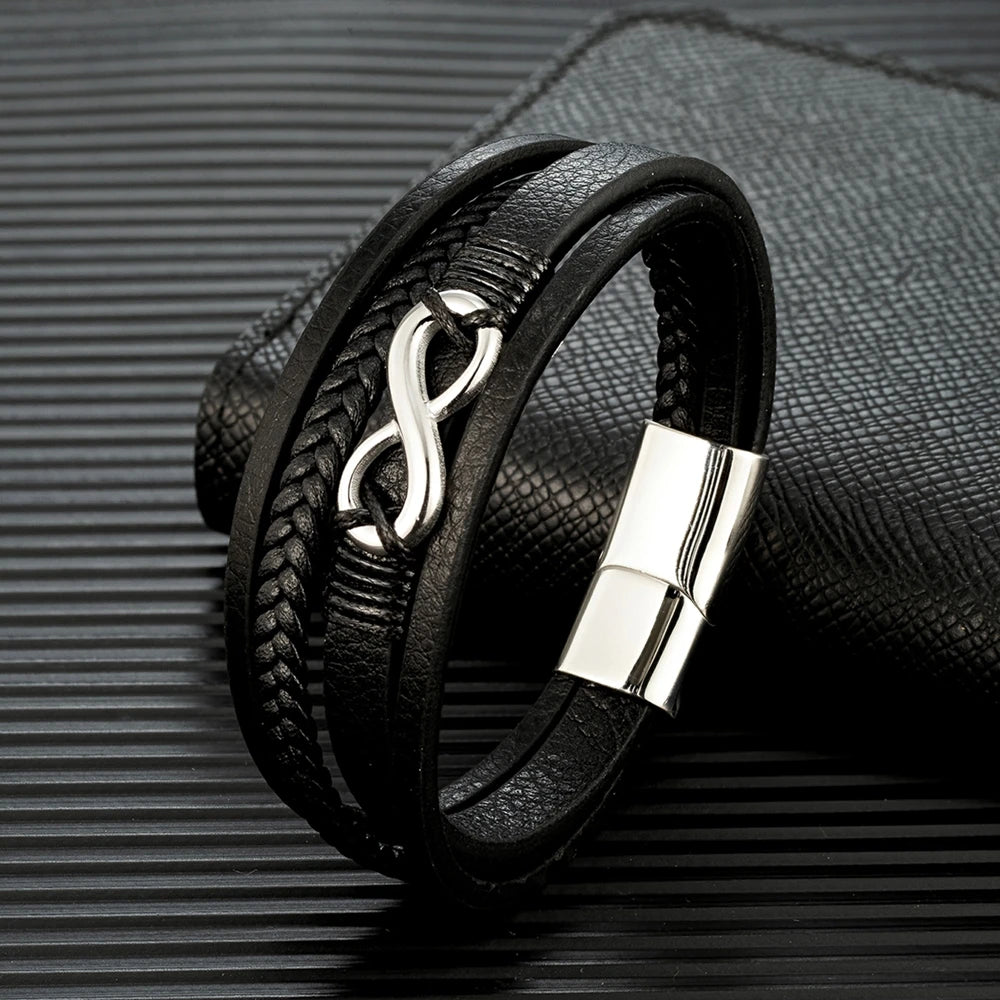 MKENDN Classic Men Infinity Bracelet Woven Multilayer Braided Leather Bracelets For Women Black Stainless Steel Jewelry Gifts DailyAlertDeals