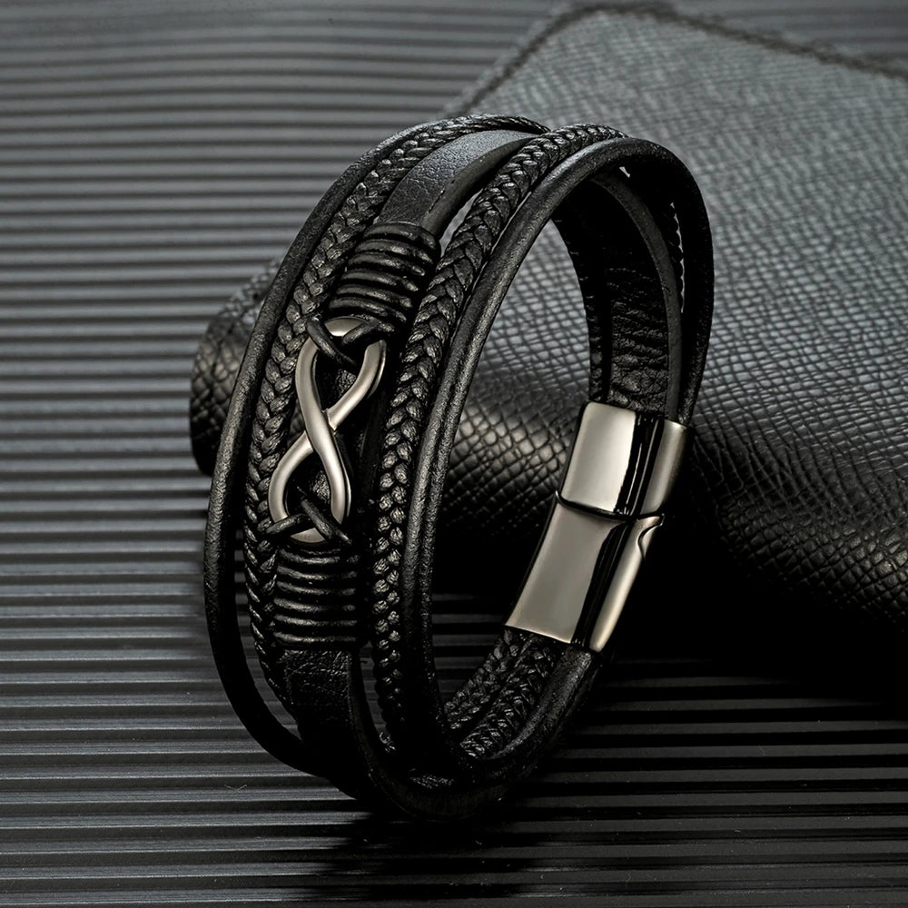 MKENDN Classic Men Infinity Bracelet Woven Multilayer Braided Leather Bracelets For Women Black Stainless Steel Jewelry Gifts DailyAlertDeals