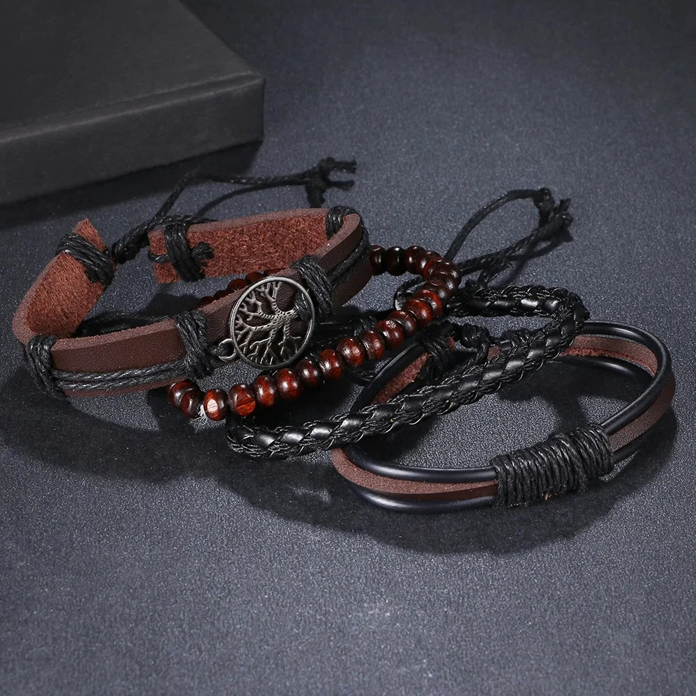 4Pcs/ Set Braided Wrap Leather Bracelets For Men Vintage Life Tree Rudder Charm Wood Beads Ethnic Tribal Wristbands  DailyAlertDeals