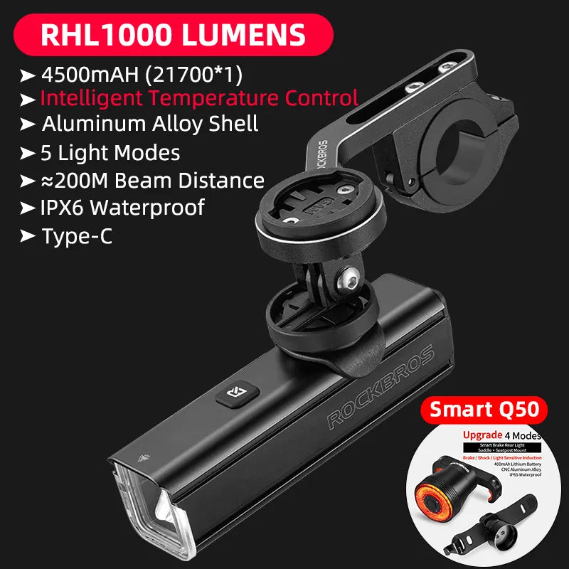 ROCKBROS 1000LM Bike Light Front Lamp Type-C Rechargeable LED 4500mAh Bicycle Light Waterproof Headlight Bike Accessories DailyAlertDeals YQRHL1000 TL907Q50